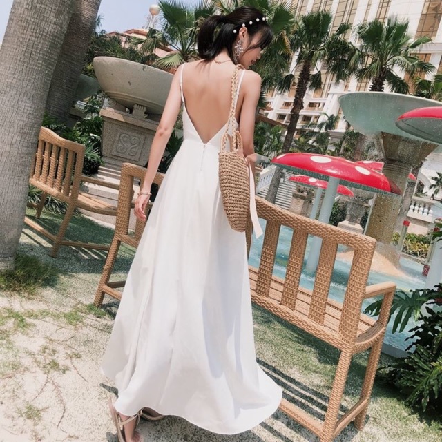 Váy maxi 2 dây hở lưng chữ V