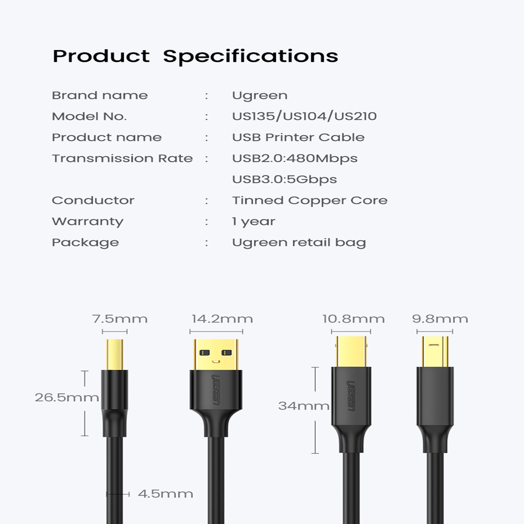 Cáp máy in USB 2.0 AM to BM chính hãng Ugreen US104 / US135