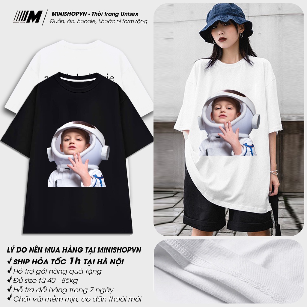 Áo Thun Tay Lỡ Cotton In Hình Em Bé Đội Mũ Phi Hành Gia, Em Bé Xà Phòng mẫu mới áo thun unisetaform rộng MinishopVN