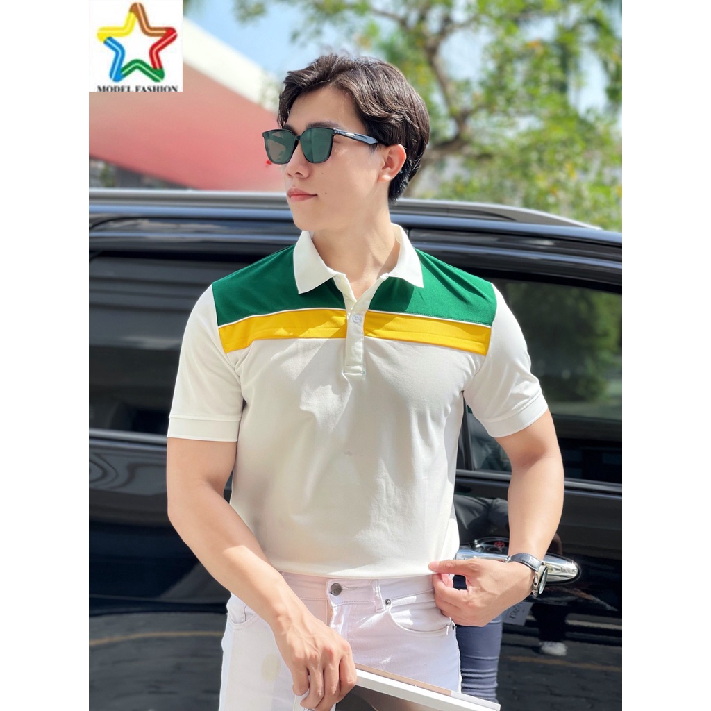 Áo thun polo nam nữ tay ngắn trắng phối sọc xanh vàng Hàn Quốc Model Fashion