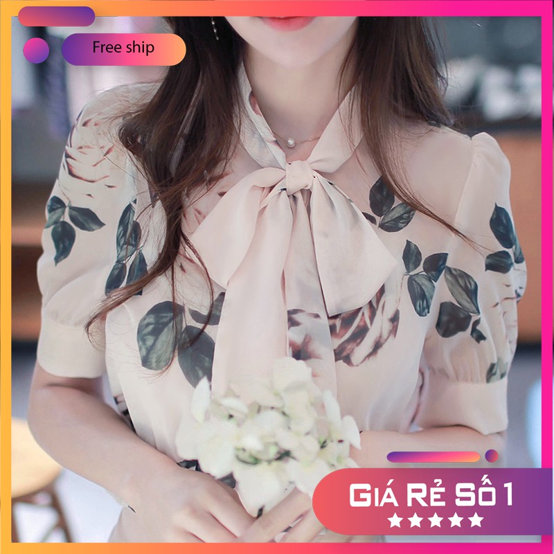 Áo Sơ Mi Nữ Hình Bông Thắt Nơ Hàn Quốc Chất Vải Chiffon lụa Áo phối được nhiều kiểu