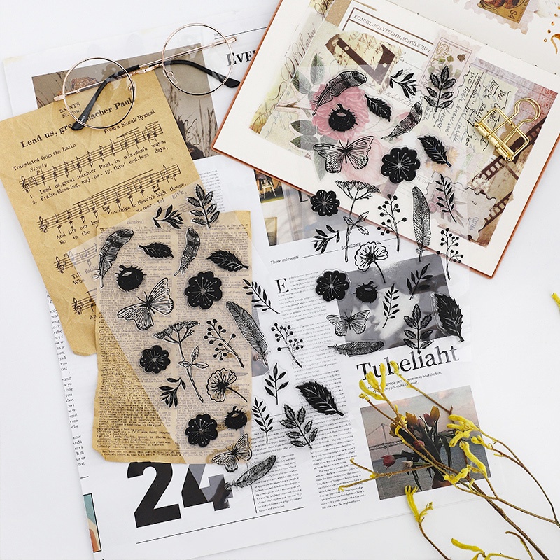 Con dấu in trong suốt thiết kế hoa lá trang trí sổ tay DIY phong cách vintage