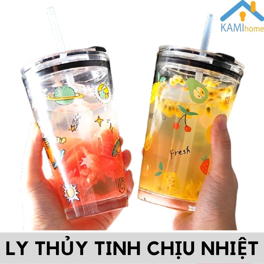 Ly thủy tinh chịu nhiệt nóng lạnh Nắp giữ cách nhiệt kèm Ống hút 400ml Kami22013.22024 | BigBuy360 - bigbuy360.vn
