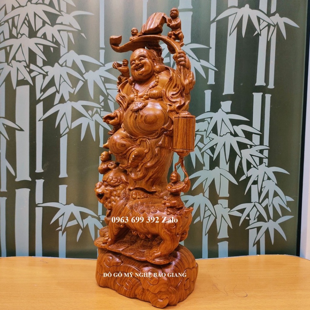 Tượng phật di lặc ngũ phúc đứng nghê gỗ hương cao 60 cm