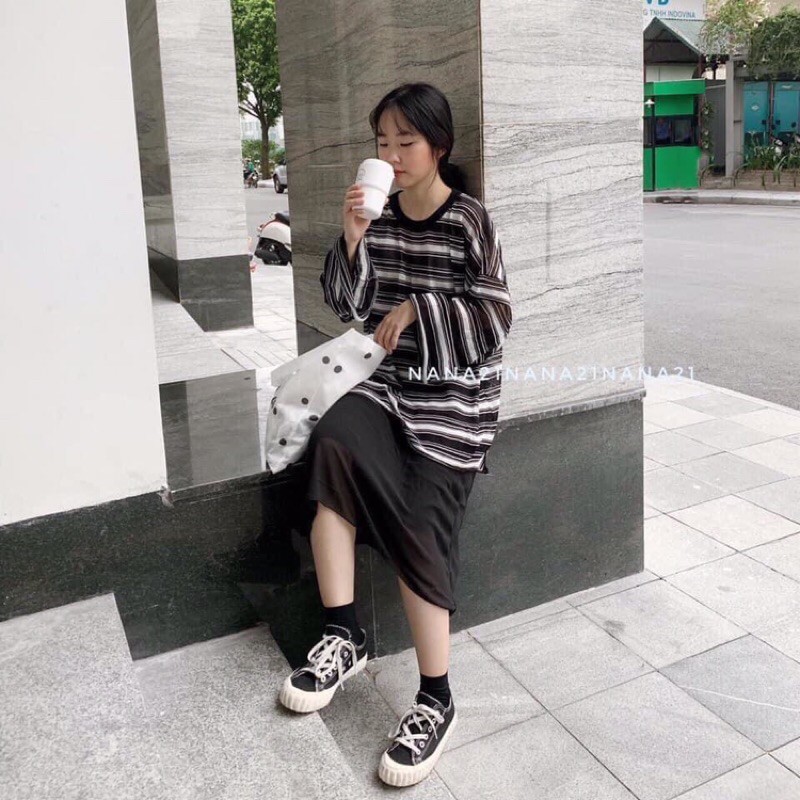 Áo thun sọc trắng đen Oversize Ulzzang tay dài (ảnh thật)