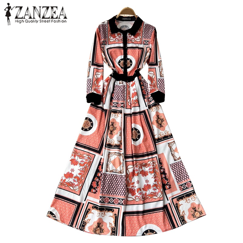 Đầm maxi ZANZEA cổ bẻ in họa tiết phong cách vintage thời trang dành cho nữ