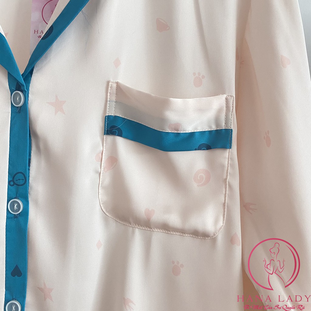 Đồ ngủ mặc nhà nữ, pijama lụa cao cấp tay dài quần dài họa tiết hoa nhí phối viền cao cấp PJ478