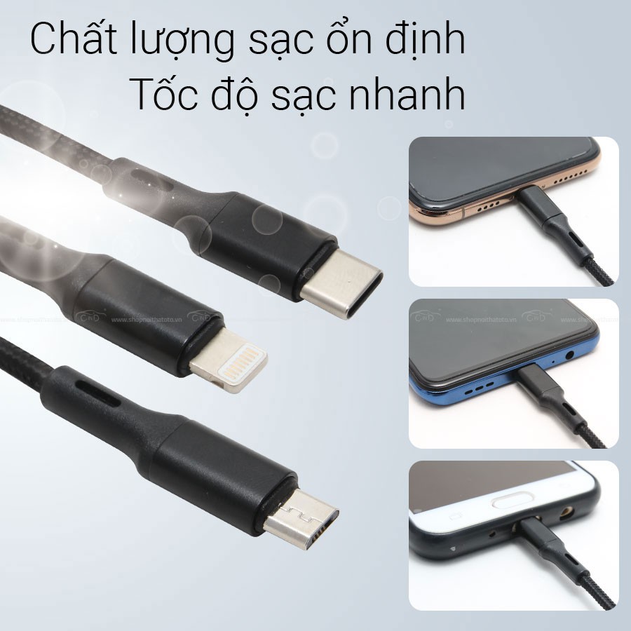 Bộ Sạc Điện Thoại 2 Cổng USB Và Cáp Sạc 3 Đầu Lightning/Micro USB/Type C CIND C74 Màu Đỏ - Nhập Khẩu Chính Hãng