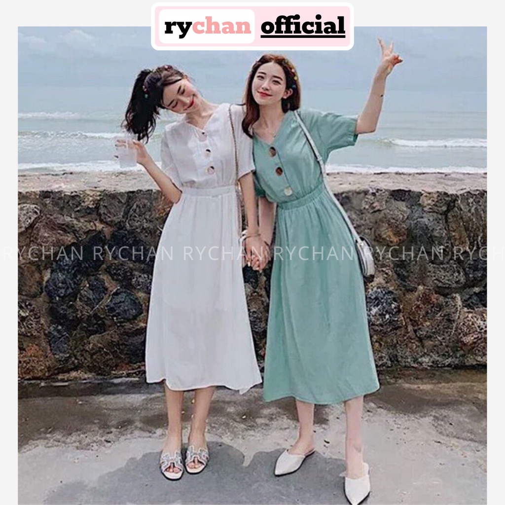 DX192 - Đầm Xòe Cổ V Form Dài Bo Chun Eo 2 Màu