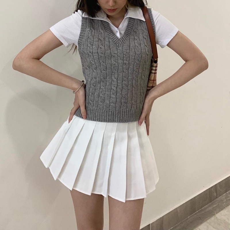 V-neck Knit Gilet - Áo gile len ghi