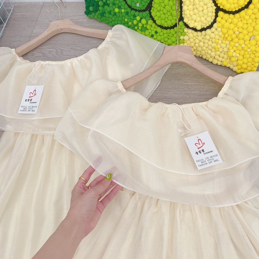 Váy trễ vai tiểu thư tơ bèo xinh xắn đầm xòe nữ 2 lớp BN453