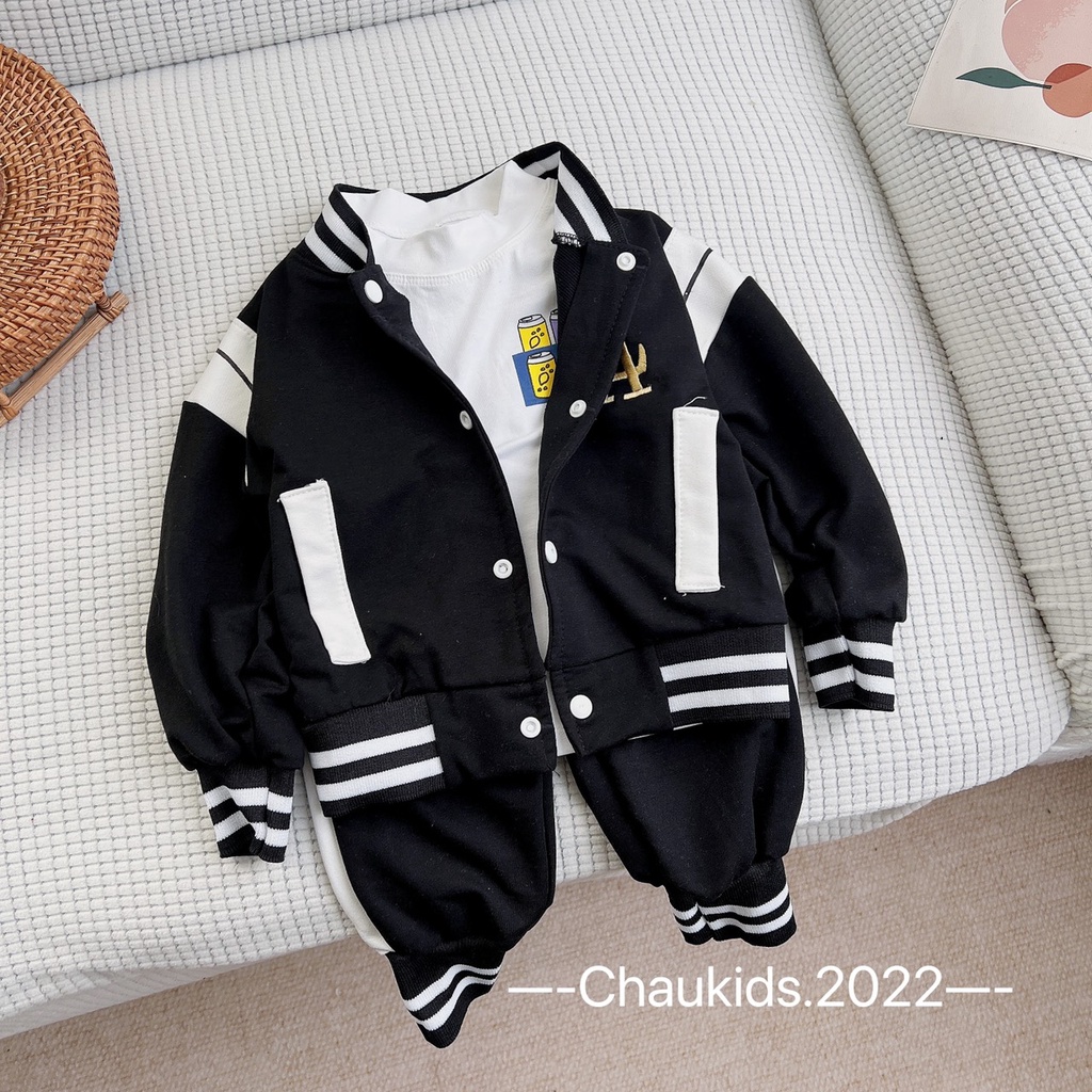 Set Bộ Quần Áo Thu Đông Bé Trai, Áo Khoác Bomber Kèm Quần Sọc Cá Tính Và Áo Cotton Dài Tay Cổ 3 Phân Cho Bé Trai-CKTD21