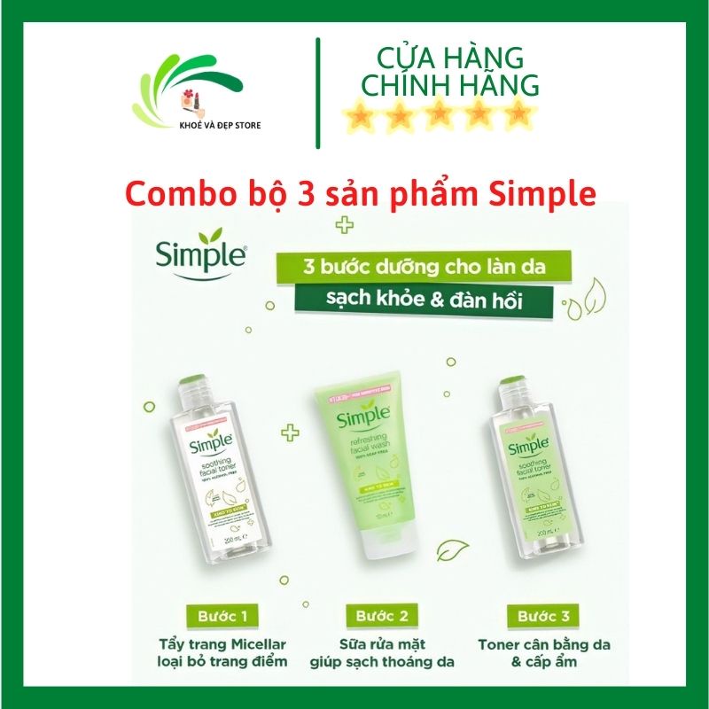 Bộ chăm sóc làm sạch da Sữa rửa mặt, Tẩy trang, Nước hoa hồng Toner hãng Simple UK cho da nhạy cảm