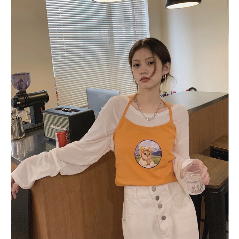 Áo Hai Dây In Hình Mèo Quyến Rũ Phong Cách Hàn Quốc Cho Nữ