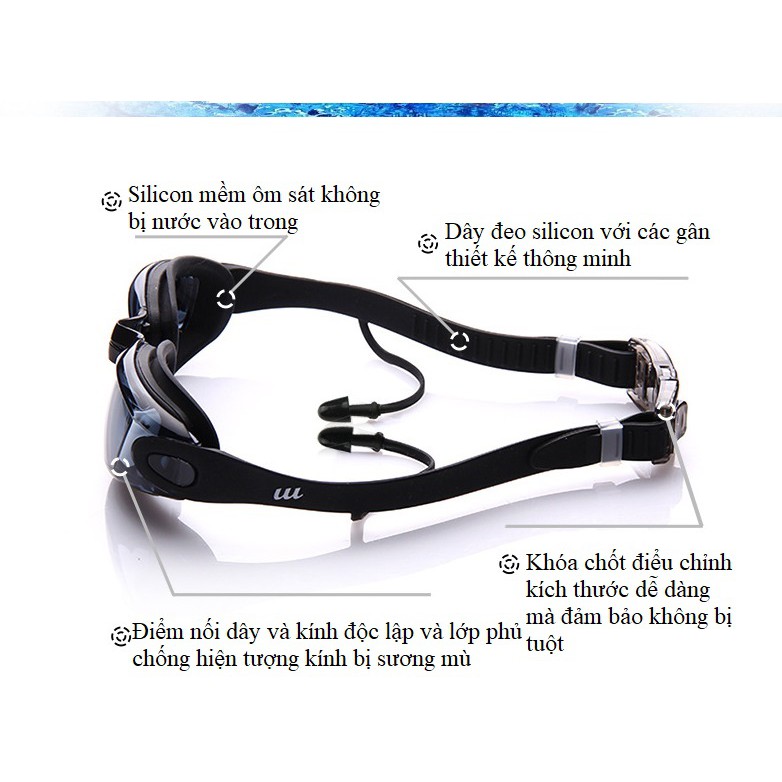 Kính bơi chống mờ - tia UV - bộ sp kèm hộp - kẹp mũi và tặng kèm 1 dây đeo hộp  ( có video thực tế SP ) A080