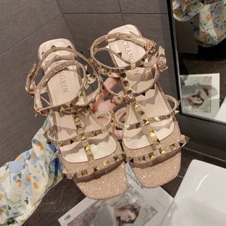 ☾☽ Giày Sandal Cao Gót Đính Đinh Tán Thời Trang Mùa Hè 2020 Cho Nữ