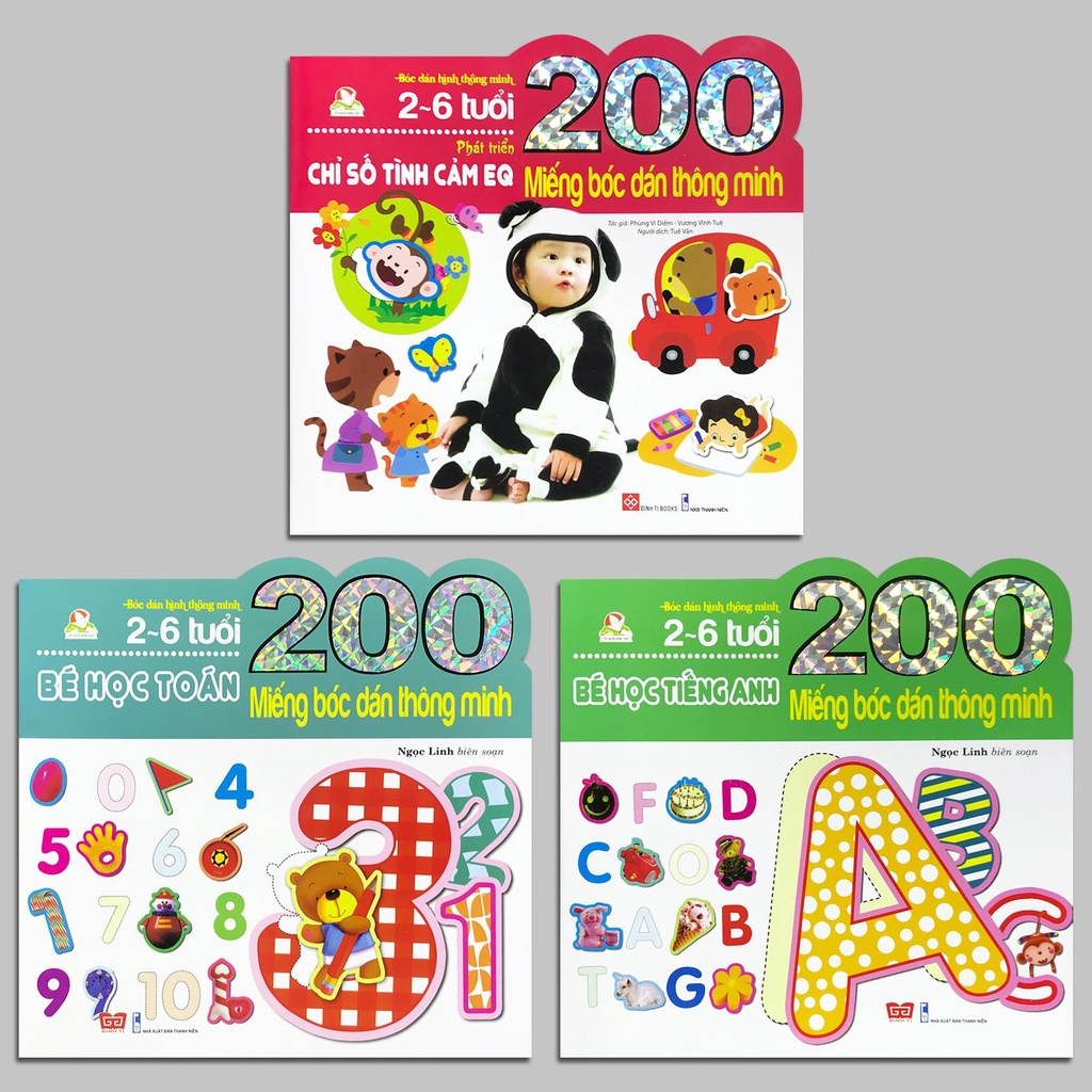 Sách - 200 Miếng bóc dán thông minh 2-6 tuổi - Phát triển chỉ số tình cảm EQ, Bé học toán, Bé học tiếng Anh (Bộ 3 quyển