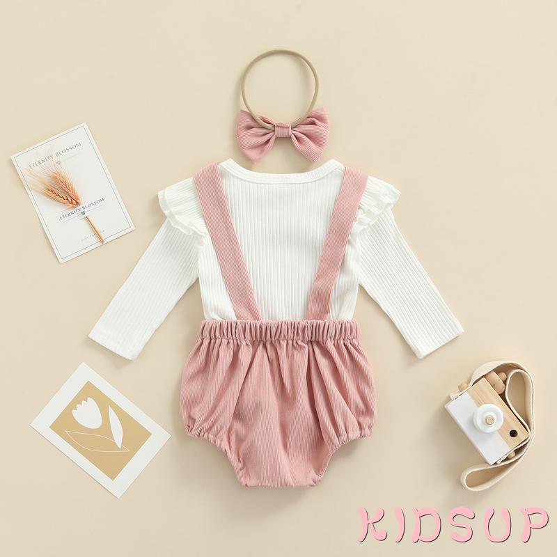 Set đồ 3 món với áo tay dài cổ tròn+quần yếm màu trơn+băng đô cho bé gái