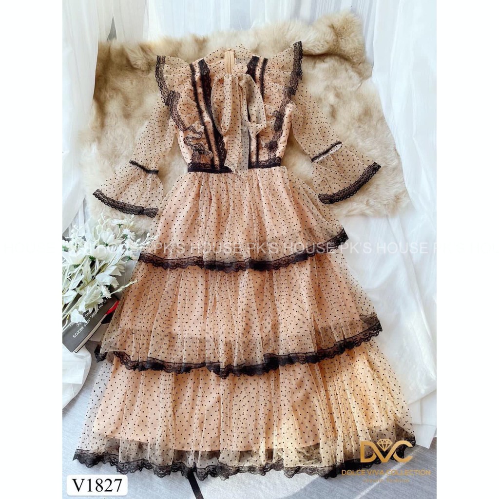 VIP Váy Thiết Kế Dáng Xoè Be Chấm Bi Phối Ren Xếp Tầng V1827, Đầm Công Chúa Cao Cấp - PK Official
