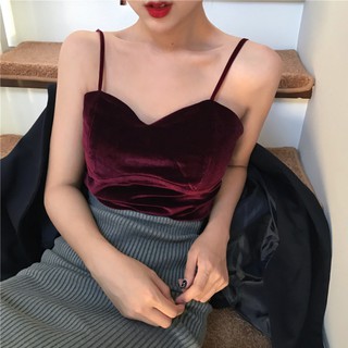 Áo croptop hai dây nhung dày