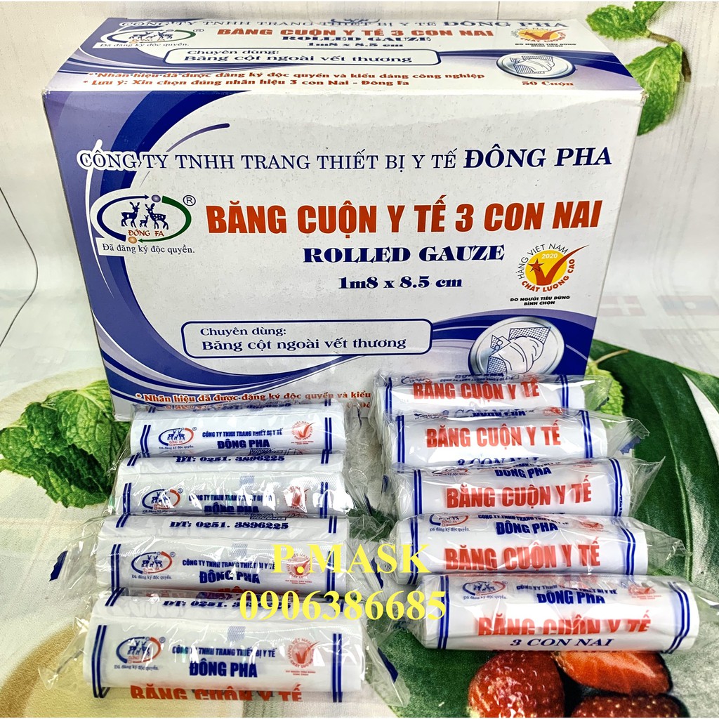 Băng cuộn y tế Đông Pha 3 con Nai chăm sóc vết thương 1 hộp 50 cuộn - Gạc cuộn y tế Đông Fa 1,8m x 0,85cm/ cuộn