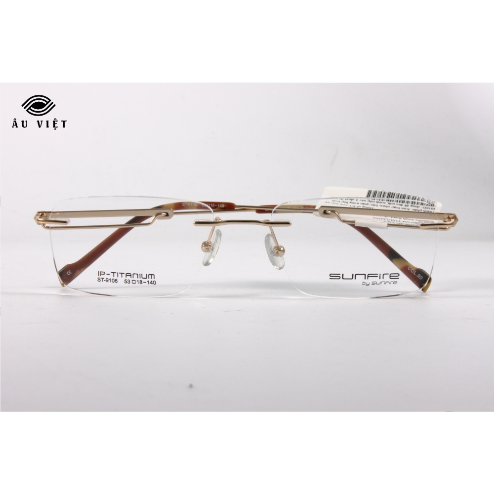 Gọng kính khoan nam nữ kim loại titanium dáng vuông chữ nhật Sunfire ST-9106 màu nâu vàng Full box