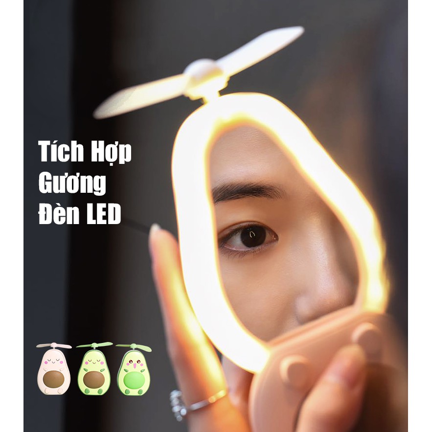 Quạt Mini Cầm Tay Hình Quả Bơ Kèm Gương Soi Và Đèn LED