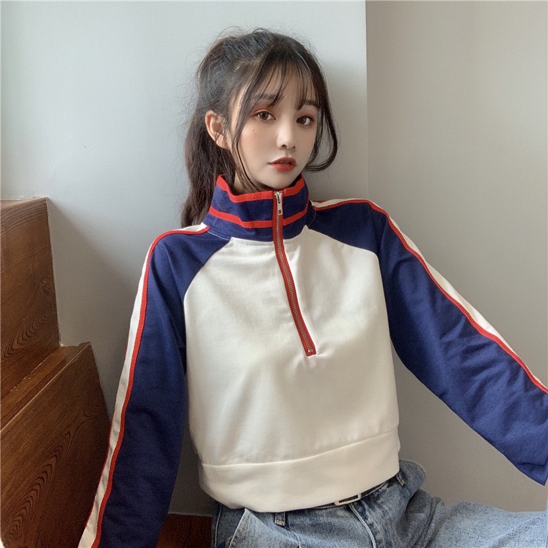 IELGY  Áo sweater Dáng Rộng Tay Dài Eo Cao Có Khóa Kéo Thời Trang Cho Nữ