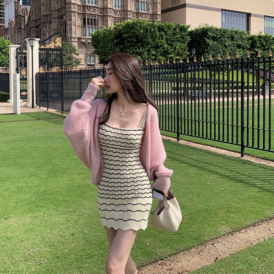 Đầm dệt kim SUXI cổ vuông không tay họa tiết kẻ sọc thời trang mùa hè cho nữ