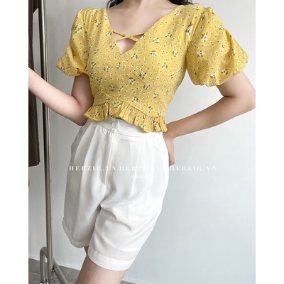 áo croptop tay bồng phối dây đan chéo ngực chân bèo dáng ôm cúp ngực tôn dáng,  lưng kéo khoá - Lily top - A3167