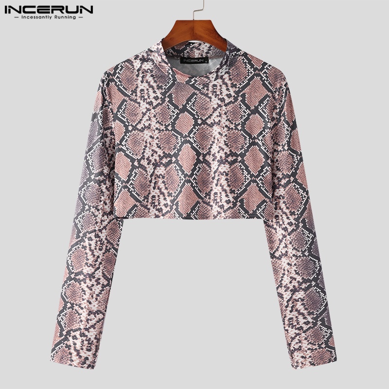 Áo thun crop top INCERUN tay dài in họa tiết độc đáo thời trang quyến rũ cho nam