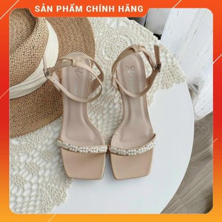 [ Hàng FULLBOX ] Sandal cao gót / Guốc nữ mũi vuông quai mảnh 6cm đính ngọc tôn chân Đen Nude sang trọng công sở