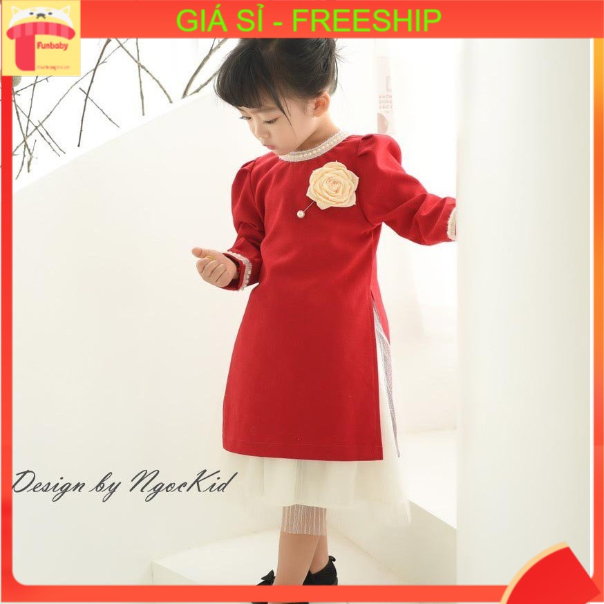 Áo dài cách tân bé gái 1-12 tuổi nhung đính hoa kèm mấn hàng cao cấp