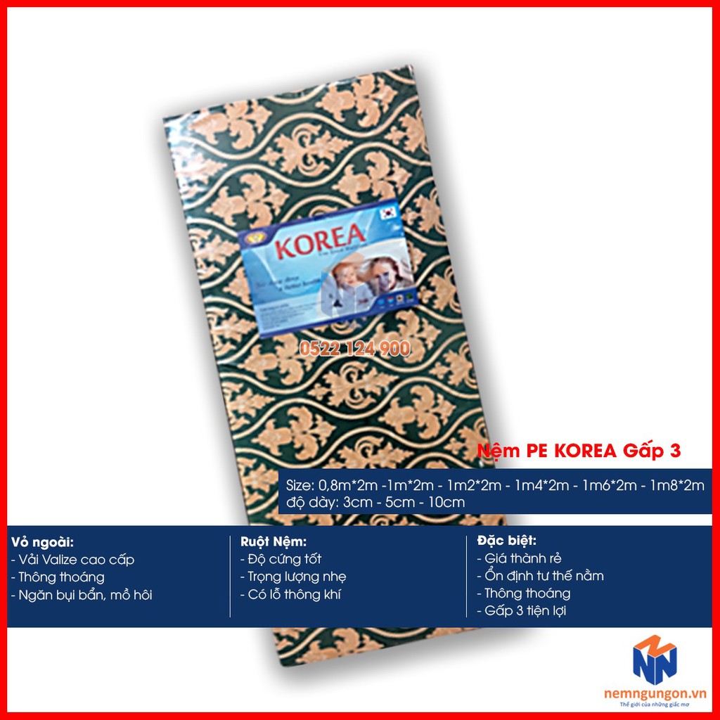 Nệm PE gấp 3 Korea [Đủ size] - Giao màu ngẫu nhiên - Giá hạt dẻ - Siêu tiện dụng