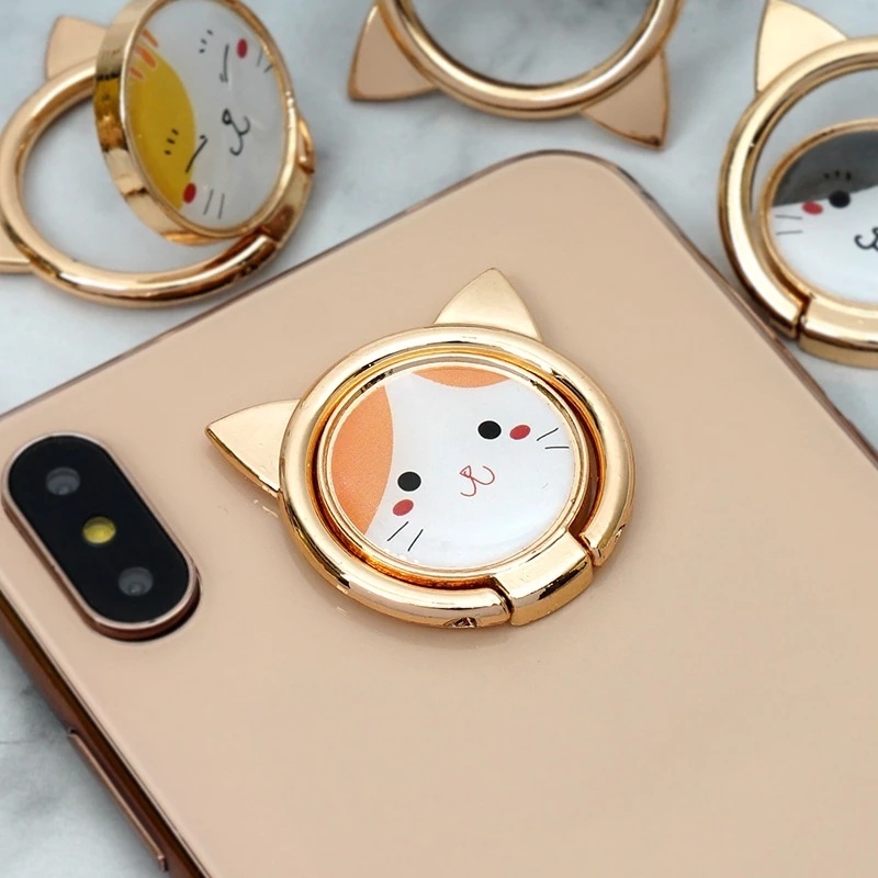 Giá đỡ nhẫn cho điện thoại bằng kim loại xoay 360 độ chống trượt hình mèo dễ thương thích hợp cho iPhone và Android