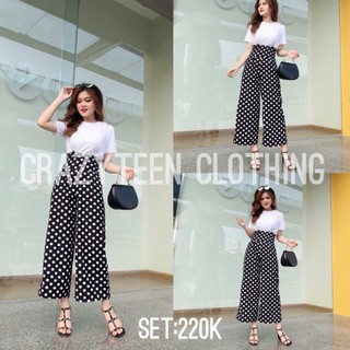 Sét áo croptop kèm quần ống rộng chấm bi hàng siêu đẹp