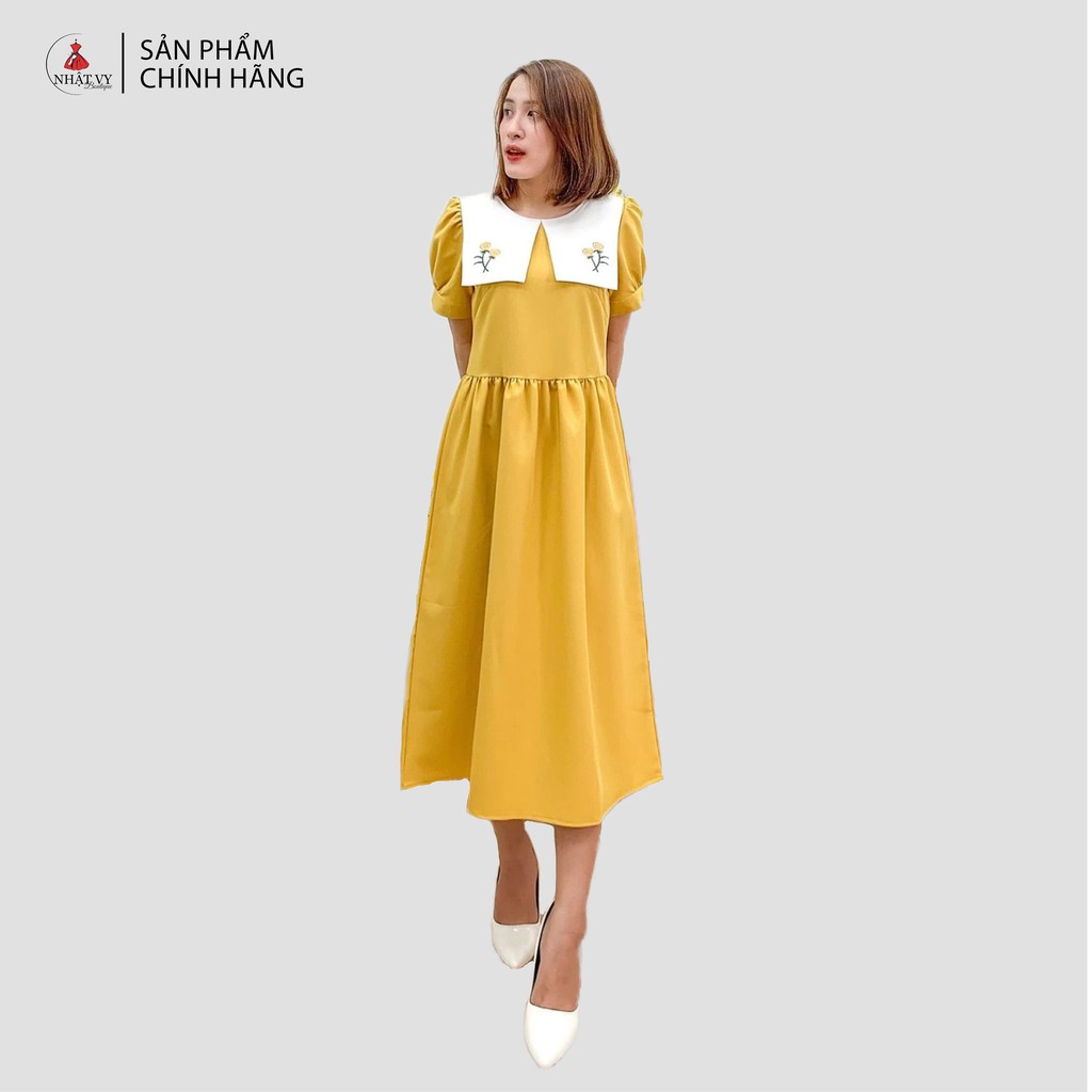 Đầm Nữ NHẬT VY Xếp Ly Eo Thêu Hoa Họa Tiết Trơn Chất Cotton Lạnh Công Sở Màu Trắng, Vàng - D1838