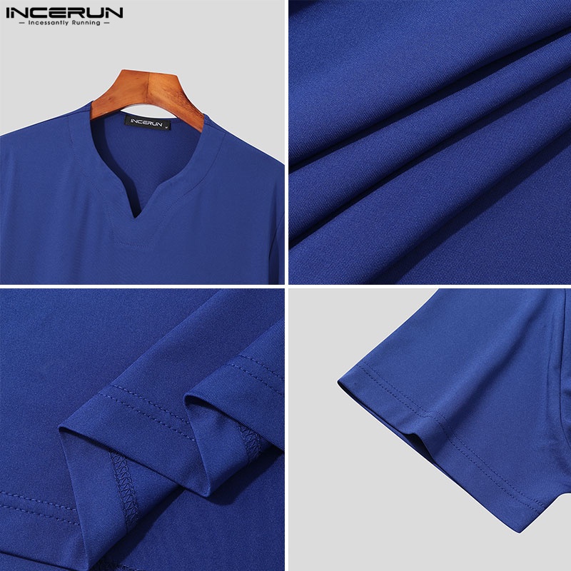 Áo thun INCERUN ngắn tay cổ chữ V màu trơn 3 màu lựa chọn cho nam