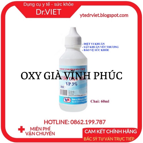 Nước oxy già Vĩnh Phúc dùg để rửa sạch, sát trùng vết thương và vết loét, súc miệng khi bị viêm lợi,  rửa ống tai DrViet