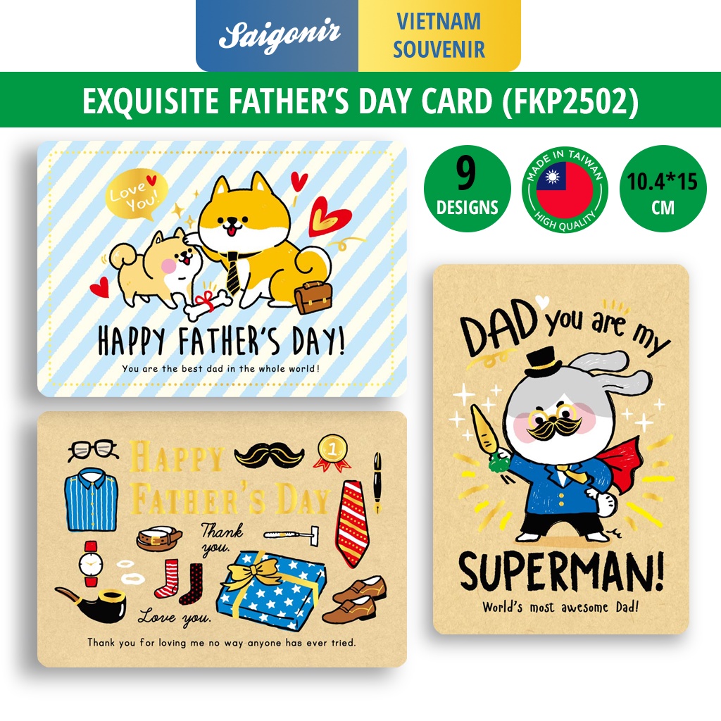 Thiệp giấy Ngày của Cha Father Day Card Cao Cấp Nhập Từ Đài Loan FKP2502 Chữ Nhũ Vàng Họa tiết Cute 10.4x15cm Saigonir