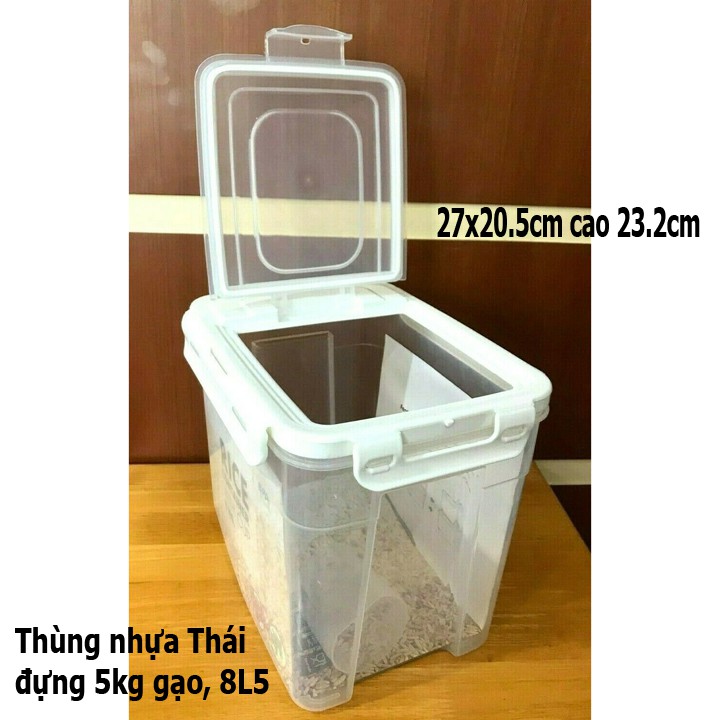 thùng nhựa đựng đồ, thùng đựng gạo 5kg gạo, có 2 bánh xe, nắp kép khóa cài, lật mở của Thái 27x20.5cm cao 23.2cm 1398