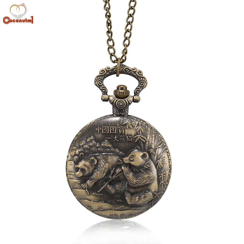 C✞ 1 Pcs Men Women Bronze Quartz Pocket Watch Panda Carved Case with Chain