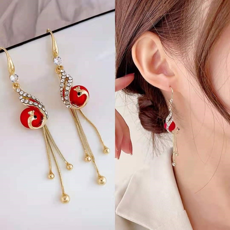 Khuyên Tai Tua Rua Hình Phượng Hoàng Đính Ngọc Trai Phong Cách Trung Hoa