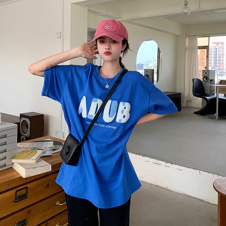 Porozi Áo thun  cổ tròn thêu chữ phong cách Hàn Quốc cho nữ