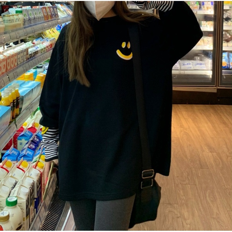 ZHELIHANGFEI Áo Thun Sweater Cổ Tròn Tay Dài In Hình Mặt Cười Dễ Phối Đồ