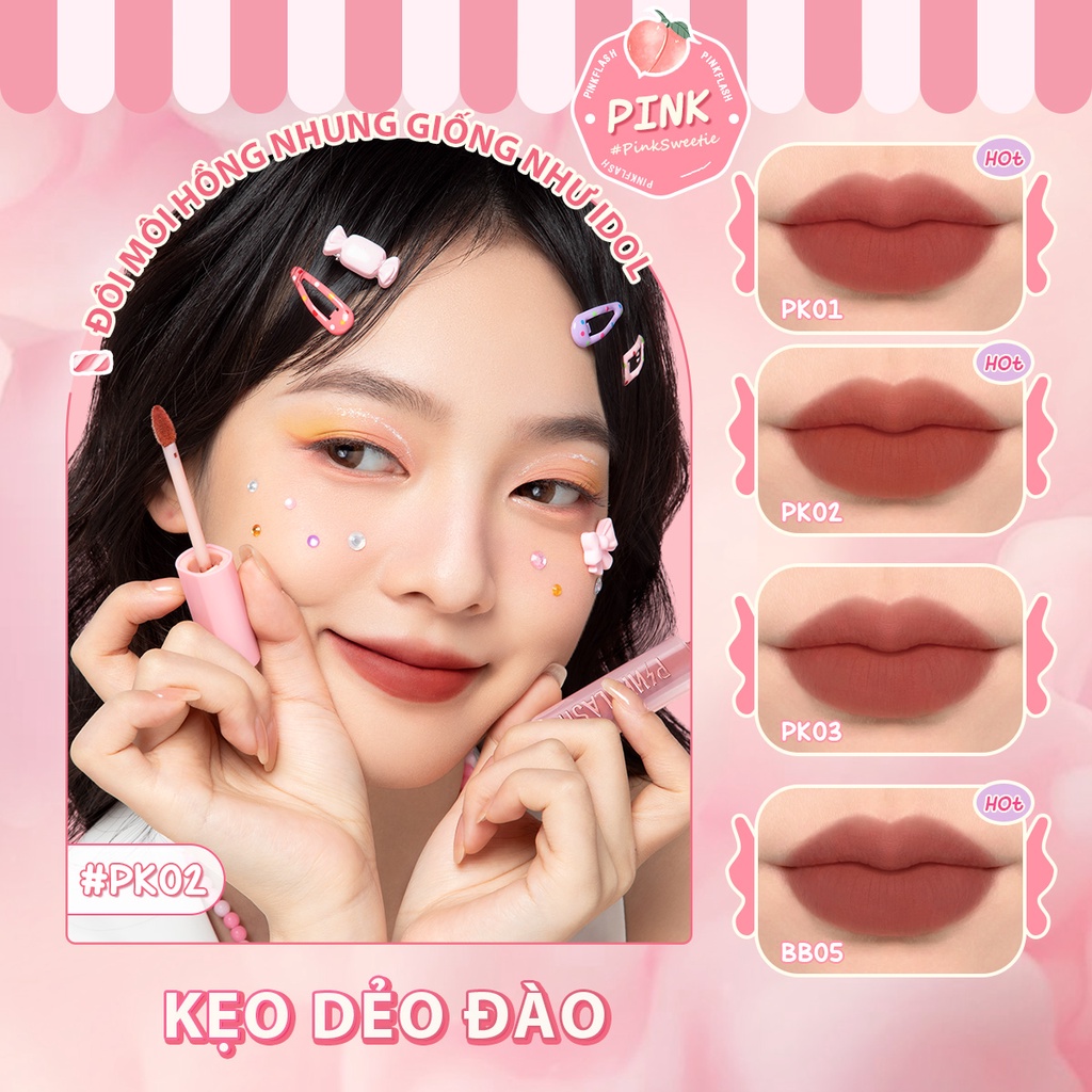 PINKFLASH #Pinksweetie Fuzzy-Soft Velvet Matte Lip Clay Lip Mud High Pigment Thành phần dưỡng ẩm Mượt môi bùn cho môi & má