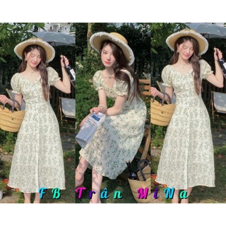 Đầm midi hoa hoạ tiết xanh siêu xinh