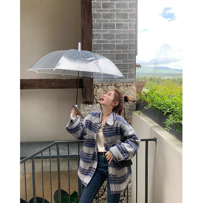 Áo Dạ Tweed Cổ Bẻ Form Rộng Siêu Sang Chảnh, Áo Sơ Mi Dạ Kẻ Xanh