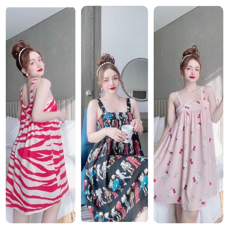 Đầm Ngủ Nữ, Đầm Ngủ Sexy 2 Dây Nữ, Lụa Mango + quần, Freesize 40_65kg, tuỳ chiều cao