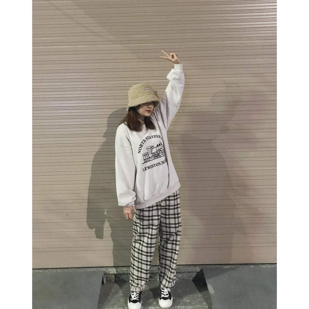 Bộ Nỉ NORTH Culottes Kẻ Tàu Hoả Nữ Unisex - Set sweater nỉ bông tay bồng mix quần suông ống rộng caro Ulzzang
